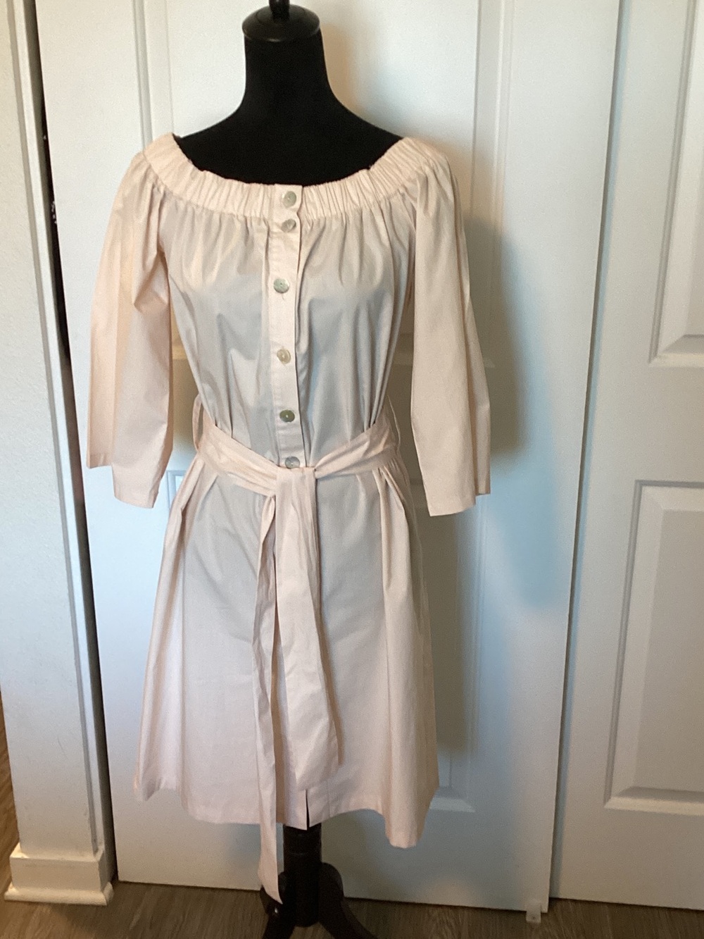 Stefani’s Vaidani off-the-shoulder Belted Dress in Light Blush M